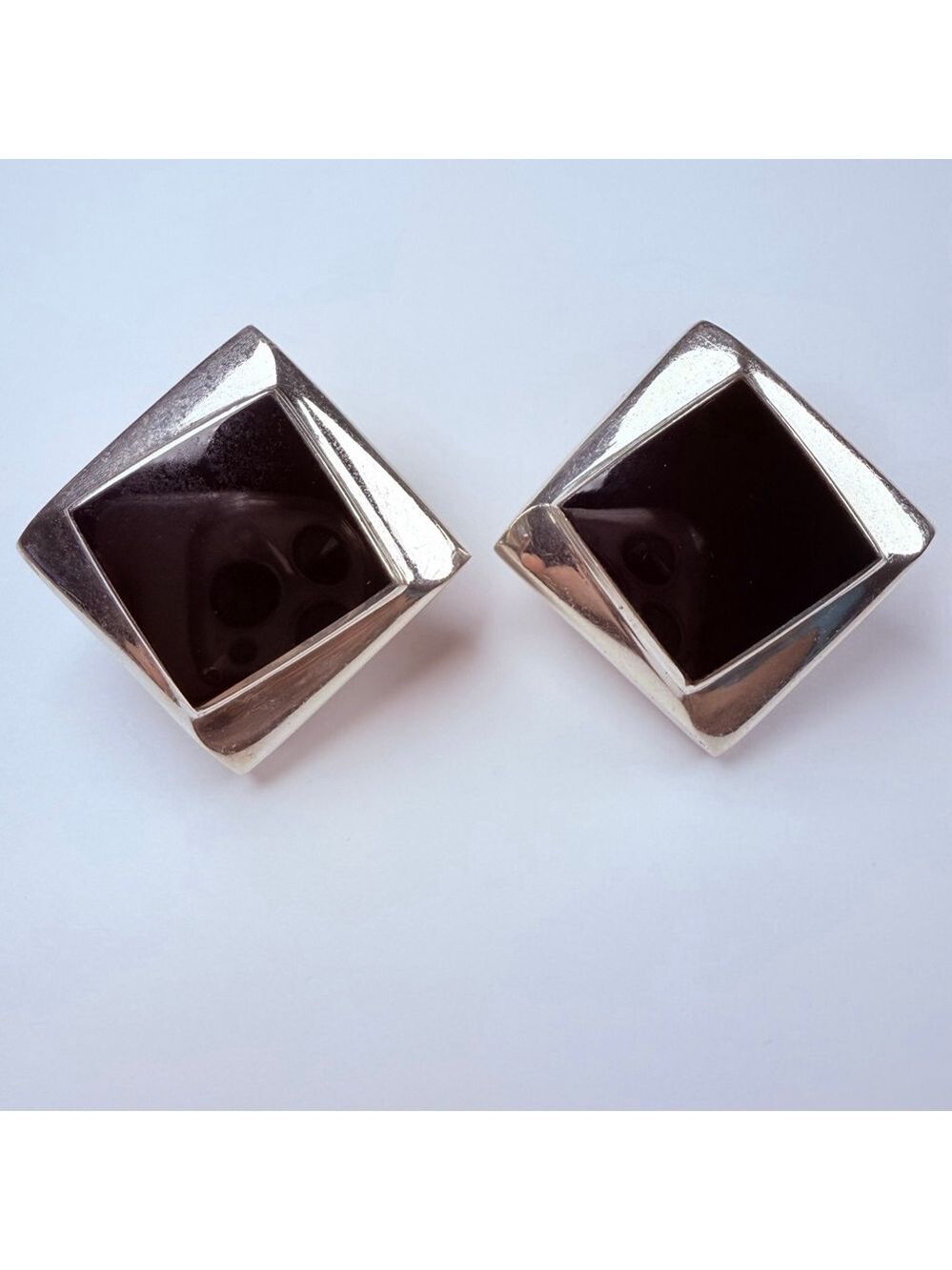 Modernist Nested Stacked Squares 19CT Onyx 1.3" Sterling 925 Silver VTG Earrings